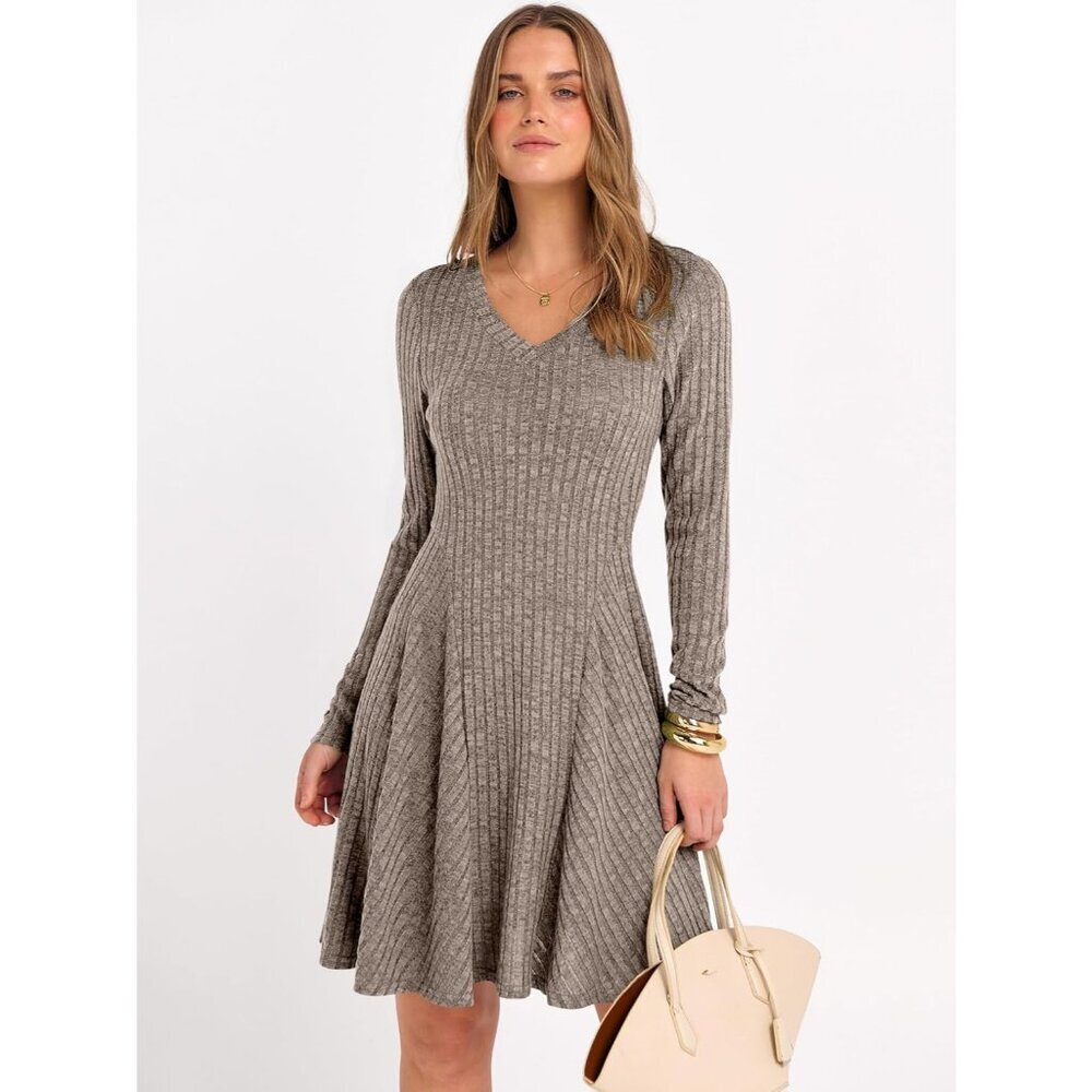 Women's Long Sleeve Ribbed Short Dresses V Neck Swing Sweater Dress Ash Brown - Picture 6 of 7